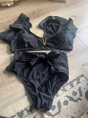 Black High-Waist Bikini Set with Bow Detail